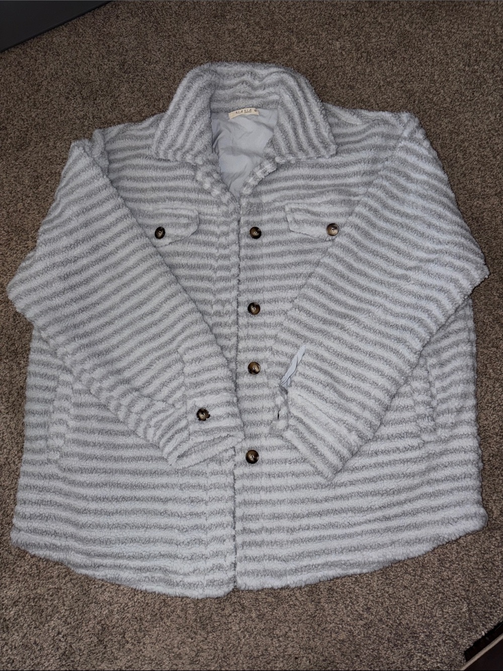 ILLA ILLA- Cozy Fuzzy Striped Shacket - Light Gray & Powder Blue